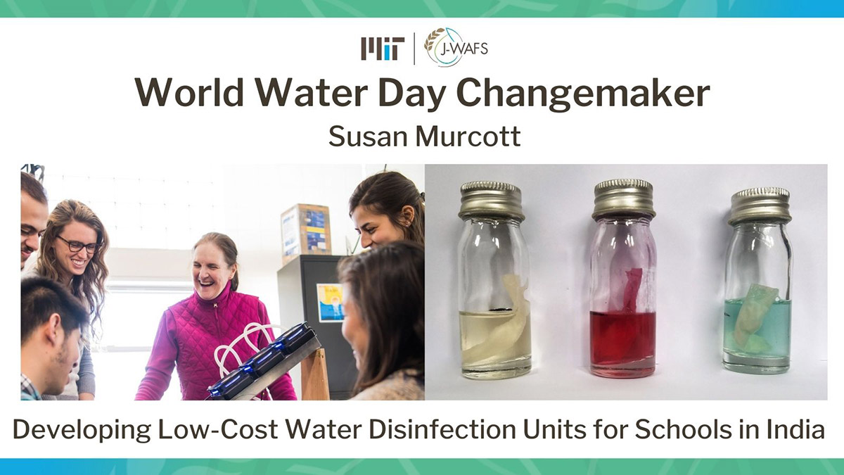 Susan Murcott laughing in a lab with a group of students and another photo of vials of colored water