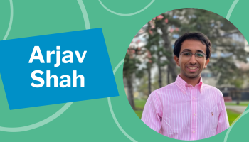 Arjav Shah in a circular photo on the right with a green background and the words 'Arjav Shah' on the left