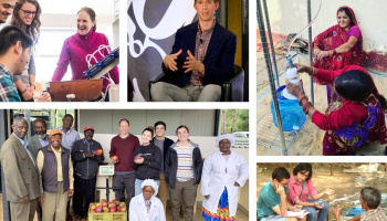 A collage of five pictures showing Susan Murcott in the lab laughing with students; Brendan Smith speaking on a panel; women in rural India using a water filtration device; Eric Verploegen and some students smiling with local a community in Kenya, holding fruits; and researchers taking notes, speaking with a man in India.