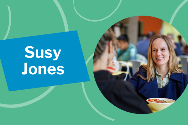 Susy Jones in a circular photo on the right with a green background and the words 'Susy Jones' on the left