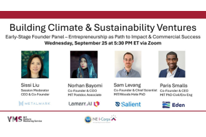 An event poster for MIT Venture Mentoring Service's "Building Climate and Sustainability Ventures", which is scheduled for September 25, 2024 at 5:30 PM ET.