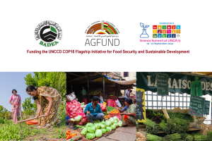 An event poster, titled "Funding the UNCCD COP16 Flagship Initiative for Food Security and Sustainable Development" featuring the logos for BADEA, AgFund, and the Science Summit at UNGA 79.