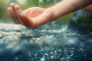 Water flows out of a cupped hand