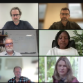 A screenshot of six people on a Zoom webinar